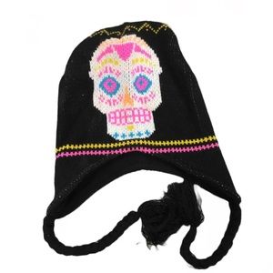 NWT Sugar Skull Knit Laplander Beanie Winter Hat w/Tassels - Black and Multi